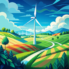 Wind turbine in a scenic landscape with hills and clouds. Flat illustration on a blue background. Renewable energy and nature conservation concept. Design for poster, banner, print.