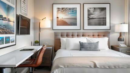 A neatly arranged hotel room features a comfortable bed, stylish decor, a work desk, and framed artwork on the walls.