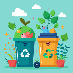 Two recycling bins with fruits and vegetables. Flat illustration on a green background. Waste management and environmental conservation concept. Design for poster, banner, print. Flat lay composition.