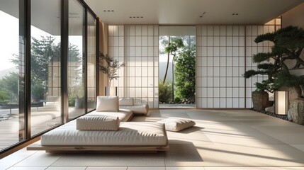 High-detail photo of a Japanese-style living room with a low sofa, sliding shoji screens, and a serene decor