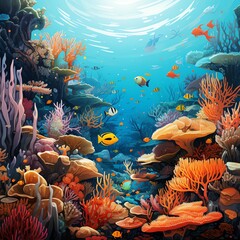 Beautiful painting of a coral reef with many different types of fish. The coral is colorful and the fish are bright. The water is clear and blue.