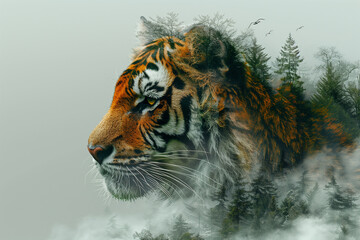 Double exposure of tiger, green forest and cloud