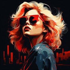 Create a vector illustration of a woman wearing red sunglasses and a black leather jacket