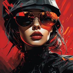 Create an epic portrait of a female soldier wearing black and red outfit, and red beret., and background should be a red abstract pattern.