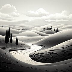 Create a black and white landscape image of rolling hills in Europe