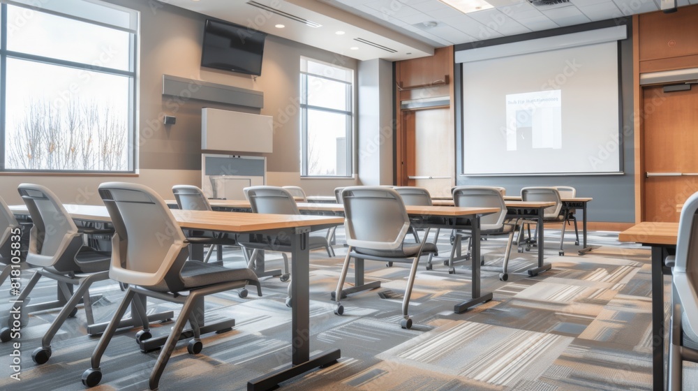 Poster A classroom setting with rows of chairs facing a projector screen at the front, typical of a learning environment for lectures, presentations, and discussions.