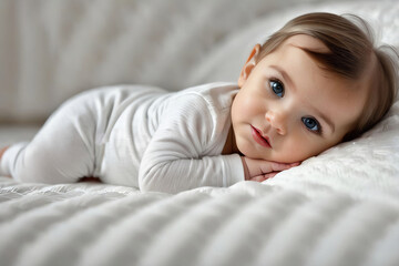 Obraz premium Copy space banner, dof, ultra detailed, Lovely baby girl laying on a white bed.