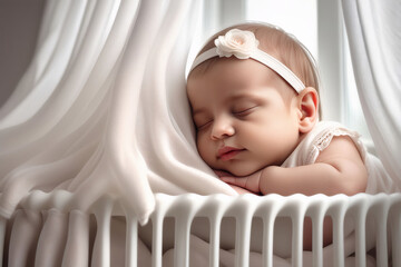 Copy space banner, dof, ultra detailed, Lovely baby girl laying on a white bed.