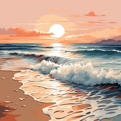 A beautiful sunset over the ocean. The warm colors of sky and the gentle waves of sea create a peaceful and relaxing scene.