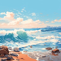 Illustration of a beach with blue sea and rocky coast. Sky is blue with some clouds. Sun is shining. The waves are crashing on the shore.