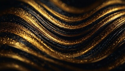 Abstract backgrounds, swirling flowing patterns, black and gold reflections of light on metallic surfaces.