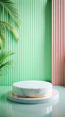 White marble podium, green plants background 3D , luxury pedestal presentation, vertical mockup