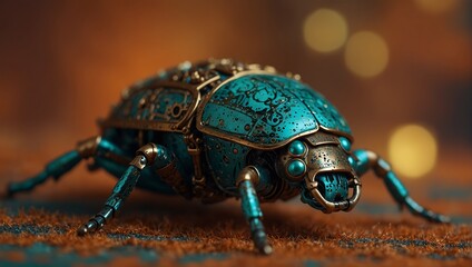 Fototapeta premium Detailed view of a turquoise and bronze mechanical beetle, with segmented limbs and a patterned shell, on an orange backdrop.