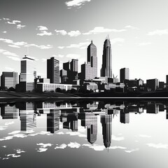 Towering buildings are reflected in calm water below, created perfect mirror image. Cityscape in black and white and sky filled with clouds. 