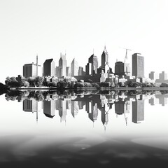 Black and white cityscape. The buildings are tall and the water is calm. The city is reflected in the water.