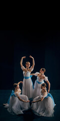 Banner. Group of young girls, ballet dancers performing, posing against dark background with negative space to insert text. Concept of beauty, classic and modernity, contemporary art. Ad