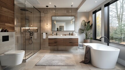 High-detail photo of a modern bathroom with a large mirror, floating vanity, and sleek fixtures