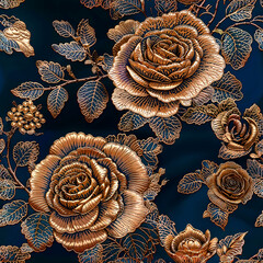 Golden roses and leaves seamless pattern, fantasy floral wallpaper, realistic style. Generative ai