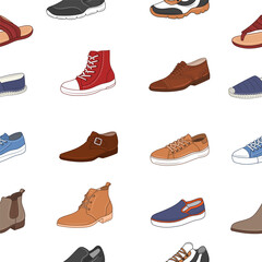 Men's shoes collection. Various types of male shoes casual boots, sneakers, formal shoes, vector seamless pattern background.