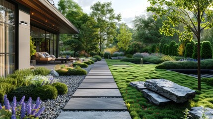 High-detail photo of a modern garden with sleek stone pathways and minimalist plant arrangements