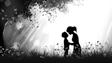 Mom and child love in the style of silhouette white background unforgettable  memories  forever unbreakable
