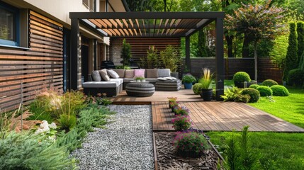 High-detail photo of a modern home garden with a minimalist pergola, stylish outdoor furniture, and potted plants