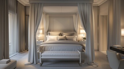 A cozy bedroom featuring a stylish canopy bed, plush bedding, and soft, ambient lighting. The room showcases neutral tones and modern decor, with sheer curtains adding a touch of elegance.