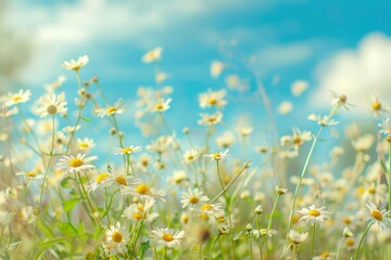 A beautiful, sun-drenched spring summer meadow. Natural colorful panoramic landscape with many wild flowers of daisies against blue sky. A frame with soft selective focus with generative ai