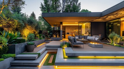 Naklejka premium High-detail photo of a modern home garden with a stylish outdoor lounge, concrete planters, and ambient lighting
