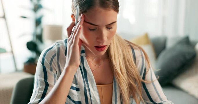 Business woman, stress and headache with burnout from office administration work at a company. Mental health, fear and professional with anxiety and job mistake with overworked employee at desk