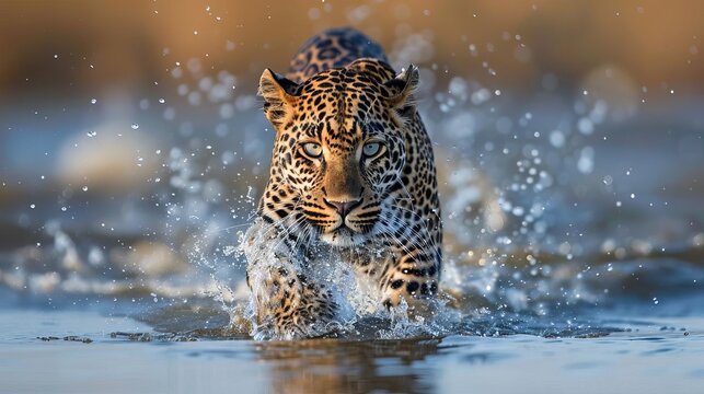 prowling leopard emerges from rippling waters dramatic wildlife photography