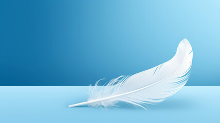 Obraz premium 3D minimalist rendition of a white feather falling against a bright blue backdrop, 