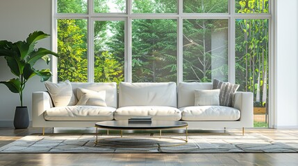 High-detail photo of a modern living room with a sleek white sofa, glass coffee table, and large windows