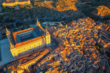 Aerial view of old town of Toledo, Spain. Ancient houses, narrow city streets