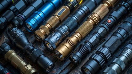 A small flashlight is sitting on a leather seat