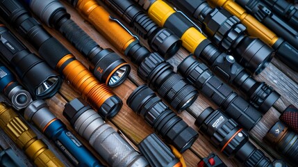 A small flashlight is sitting on a leather seat