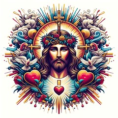 A colorful art of a Jesus christ with a crown of thorns and flowers lively meaning harmony has illustrative