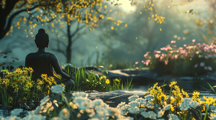 A peaceful meditation amidst blossoming flowers in a serene garden.