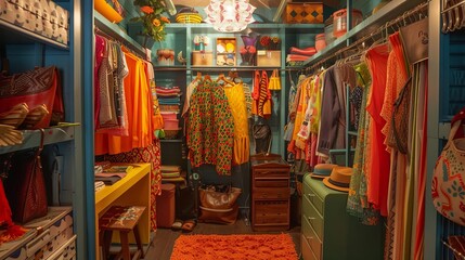 retro 70s walkin closet bursting with colorful vintage fashion funky and groovy interior design