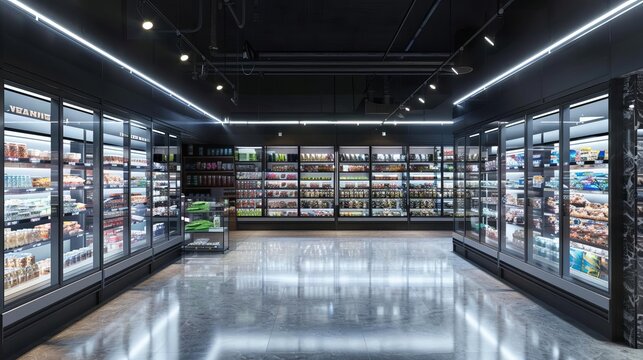refrigerated frozen food section with illuminated glass door displays in modern supermarket interior 3d illustration