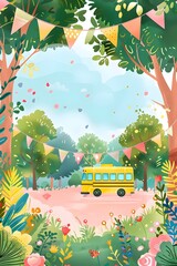 Colorful School Bus Adventure in Lush Countryside Landscape with Blooming Foliage and Festive Flags