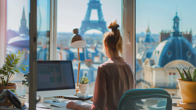 Woman working at desk with eiffel tower view