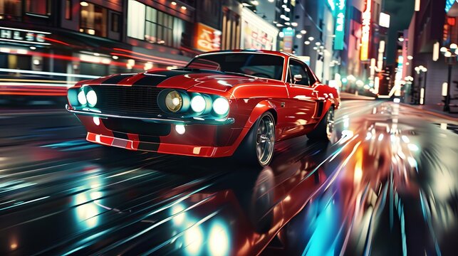 retro muscle car cruising down a city street at night vintage automotive 3d illustration