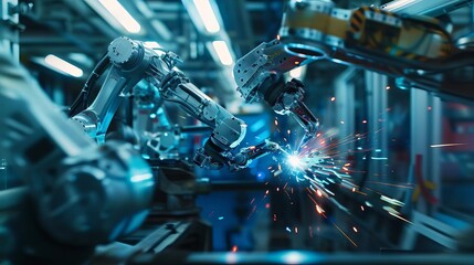 Fototapeta premium robotic arms welding in hightech automotive factory blurred motion digital ai concept industry 40 illustration