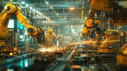 robotic arms welding in hightech automotive factory blurred motion digital ai concept industry 40 illustration