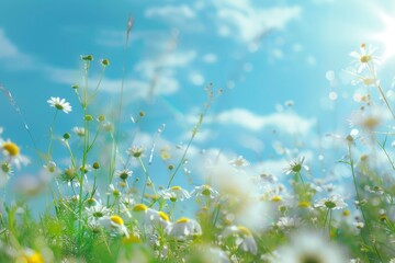 A beautiful, sun-drenched spring summer meadow. Natural colorful panoramic landscape with many wild flowers of daisies against blue sky. A frame with soft selective focus with generative ai