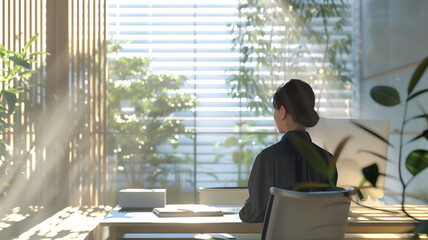 Woman working at desk in front of window