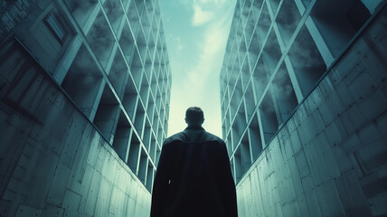 Mysterious man in cloak standing in alleyway