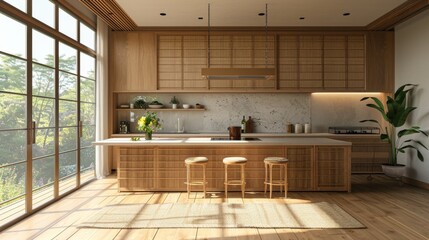 High-quality image of a Japanese-inspired kitchen with bamboo cabinetry, a large island, and a clean, minimalist aesthetic