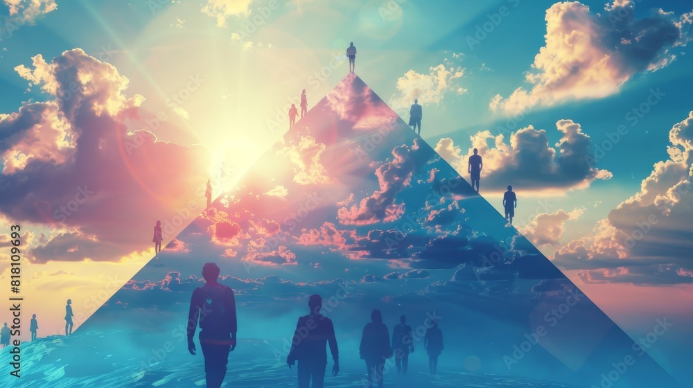 Poster surreal landscape with a group of silhouetted figures ascending a large pyramid-like structure that 